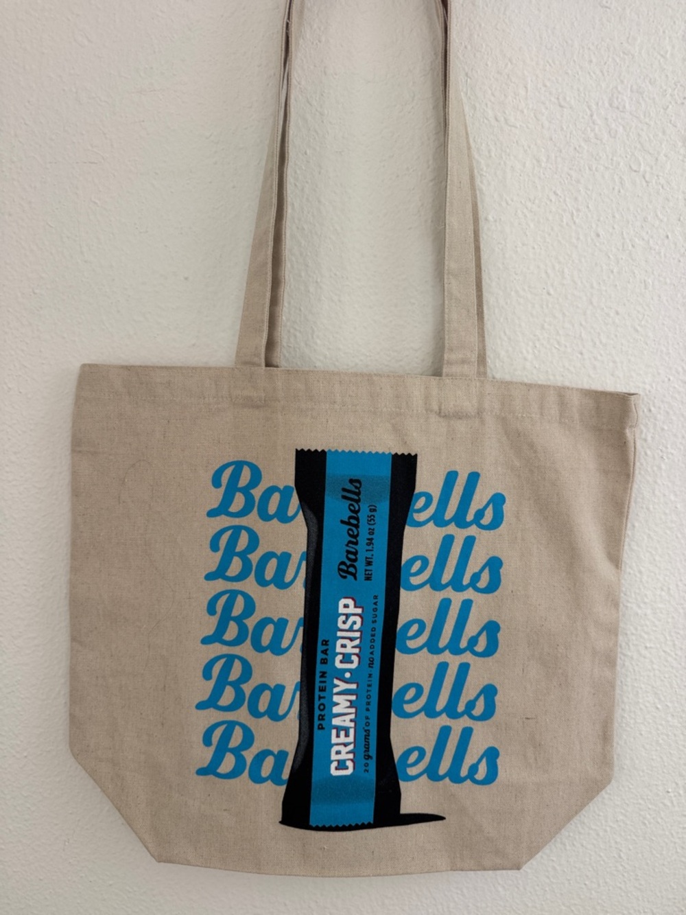 Barebells Creamy Crisp Tote Bag in Blue on Natural Canvas